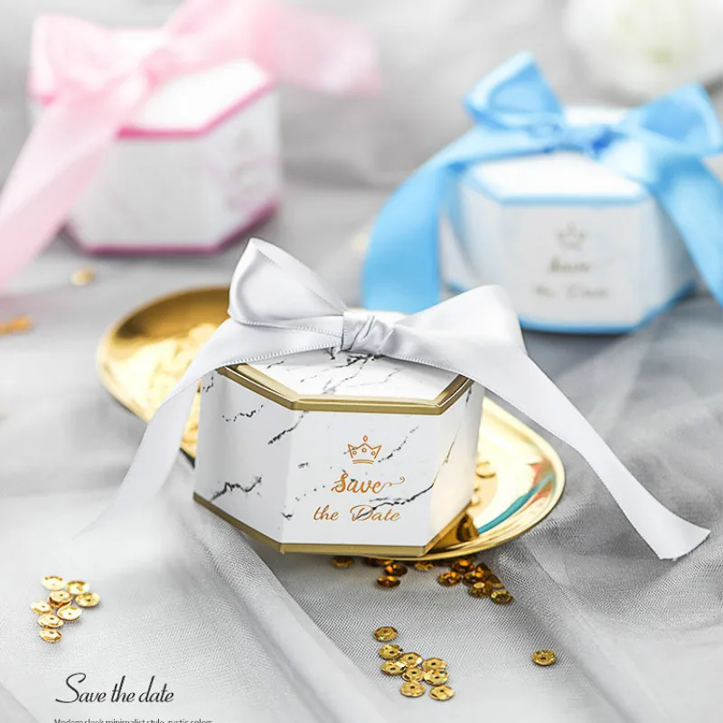 

2019 New Sweet Box Marbling Hexagon Favors Candy Boxes Gift Bags for Packing Christmas Gift Boxes Wedding Party Supplies