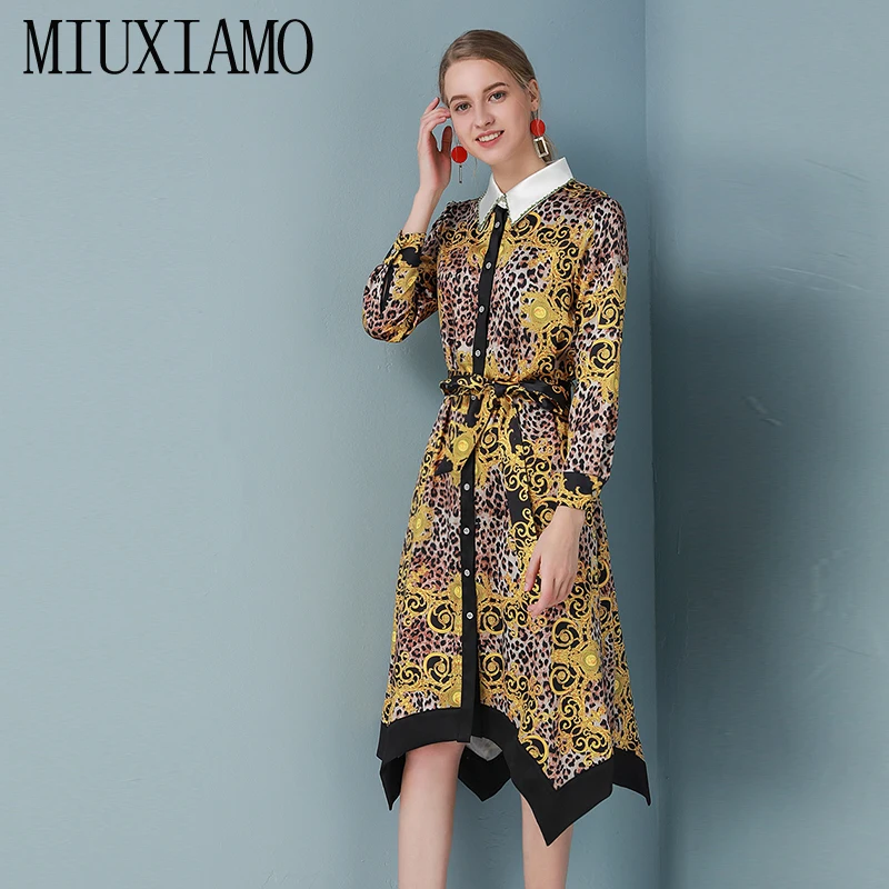 MIUXIMAO, высокое качество, осень и весна, платье с цветочным принтом, неравномерное, офисное, женское, элегантное, Повседневное платье, женское платье с поясом