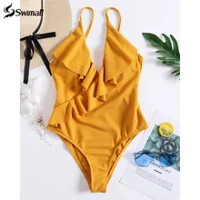 Желтый цельный купальник, женский купальник с оборками, женский купальник с v-образным вырезом, монокини, купальный костюм, пляжная одежда, сексуальный бандажный купальник