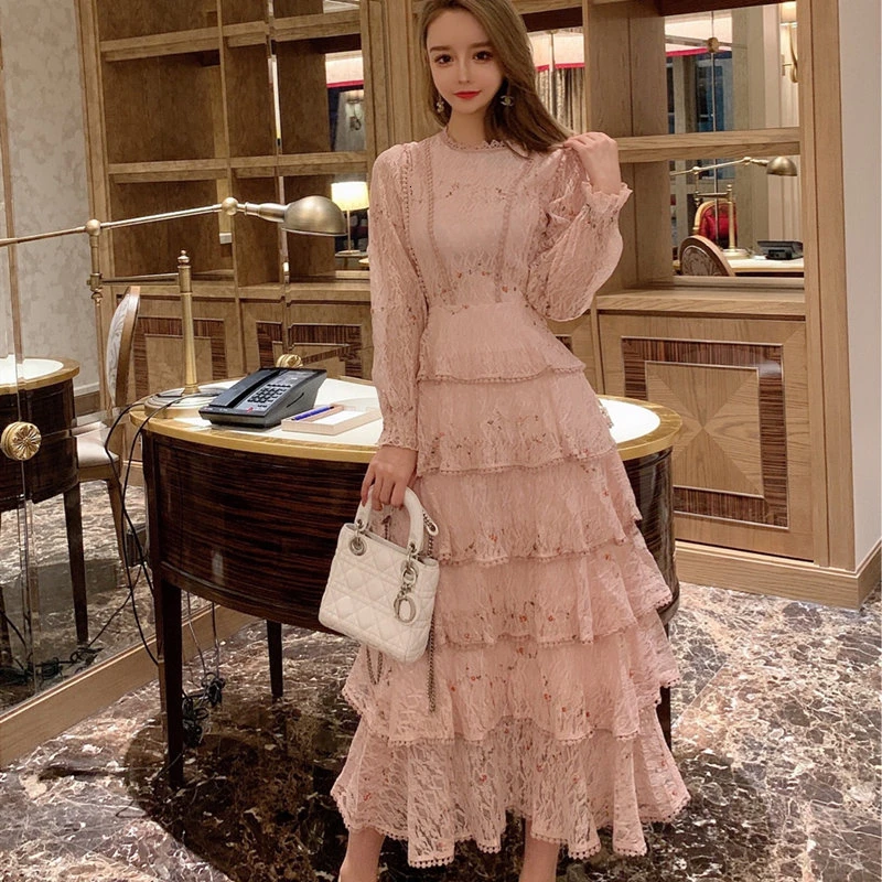 

Women's New Lace Embroidered Pink Long Dress Women Autumn Elegant Long Sleeve High Quality Sweet Princess Cake Dress Vestidos