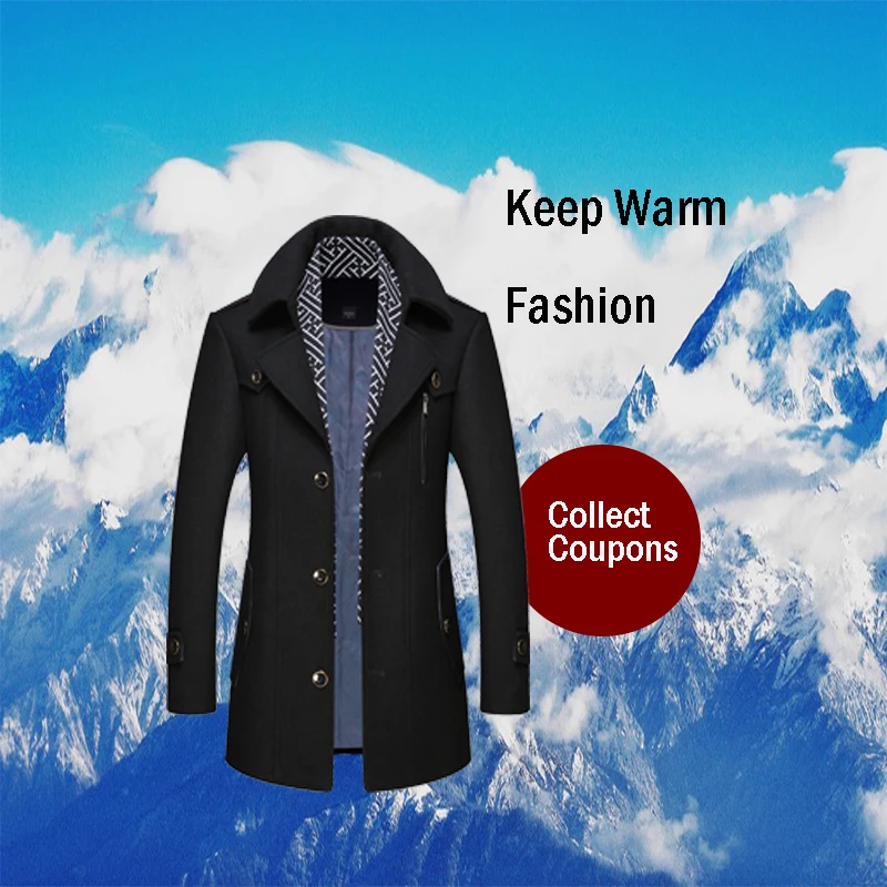 

2019 autumn and winter new wool solid color thick men's woolen coat fashion warm plus cotton scarf men's long coat