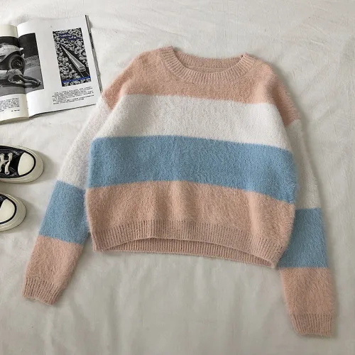 Pink white blue Neploe контрастный цвет лоскутное полосатый пуловер свитер имитация воды Велет с длинным рукавом Pull Femme осень зима теплый Sueter - Цвет: Pink white blue