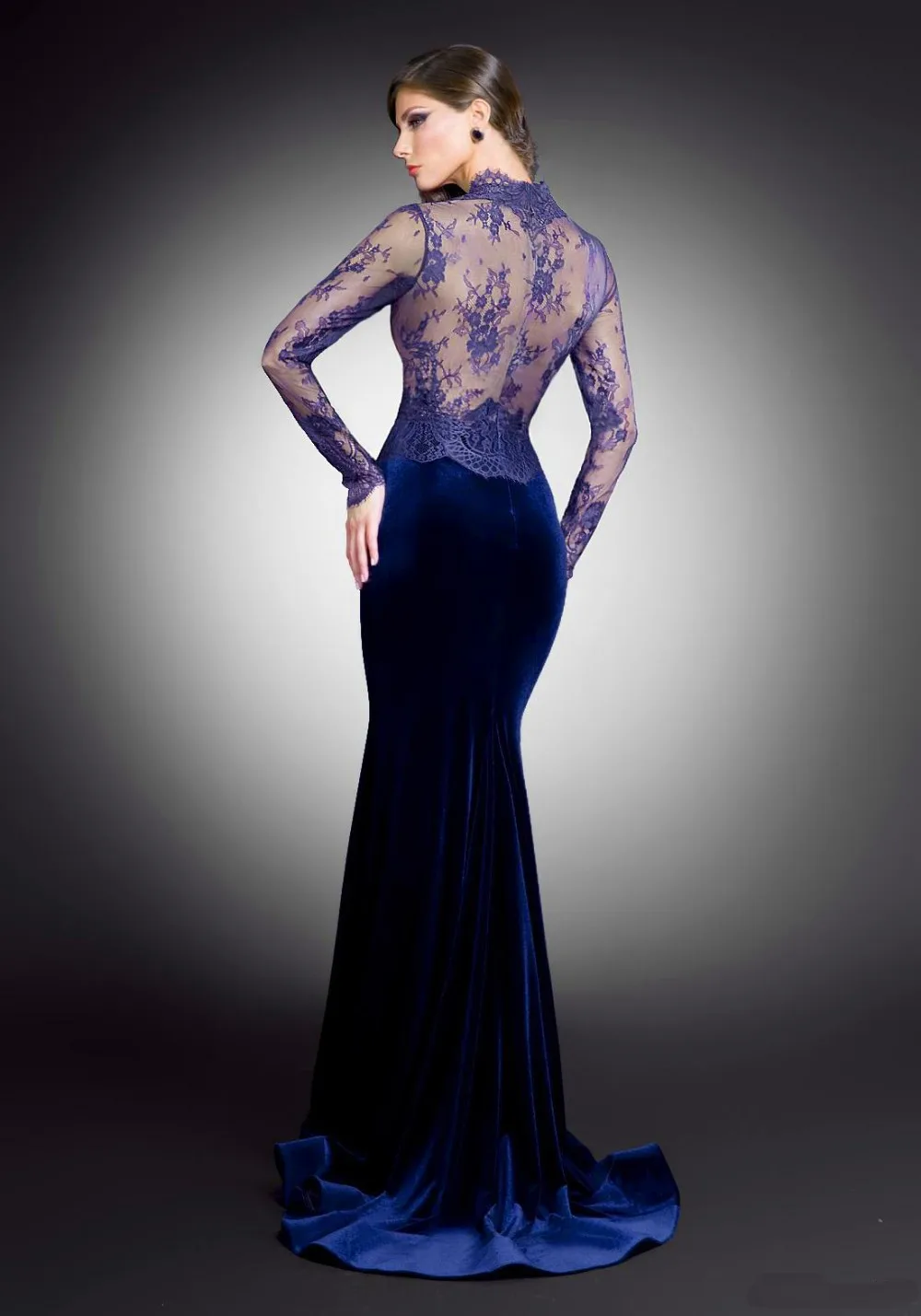 Вечернее торжественное платье robe de soiree сексуальное прозрачное иллюзионное кружевное платье с длинным рукавом Королевский синий бархат платья матери невесты