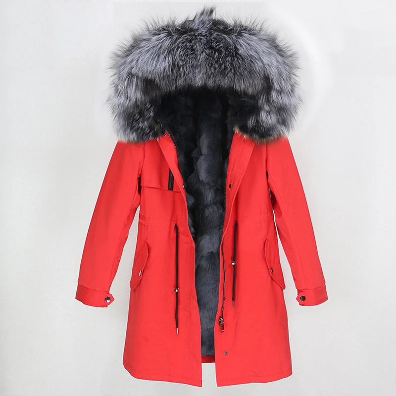 OFTBUY настоящая меховая парка зимняя куртка женская натуральный Лисий меховой капюшон, воротник лиса пальто с подкладкой Толстая теплая верхняя одежда Уличная Повседневная - Цвет: red grey silver