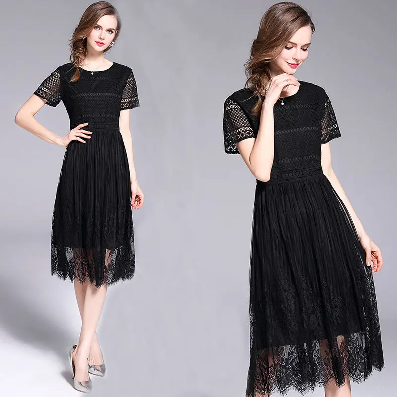 

Ultra-Light Double Color 2018 Summer New Style WOMEN'S Dress Mid-length Lace Short Sleeve Crew Neck Dress
