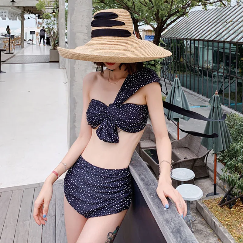 

Cute Polka Dot Sloping Shoulder Tube Top High-waisted Belly Covering Bikini Split Type Swimwear Women's Size Chest Beach Holiday