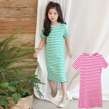 

New 2020 Summer Big Girls T Shirts Dresses Korean Stretch Baby Stripe Dress Kids Mid Long Dresses Teen Girls Green Pink T-shirts