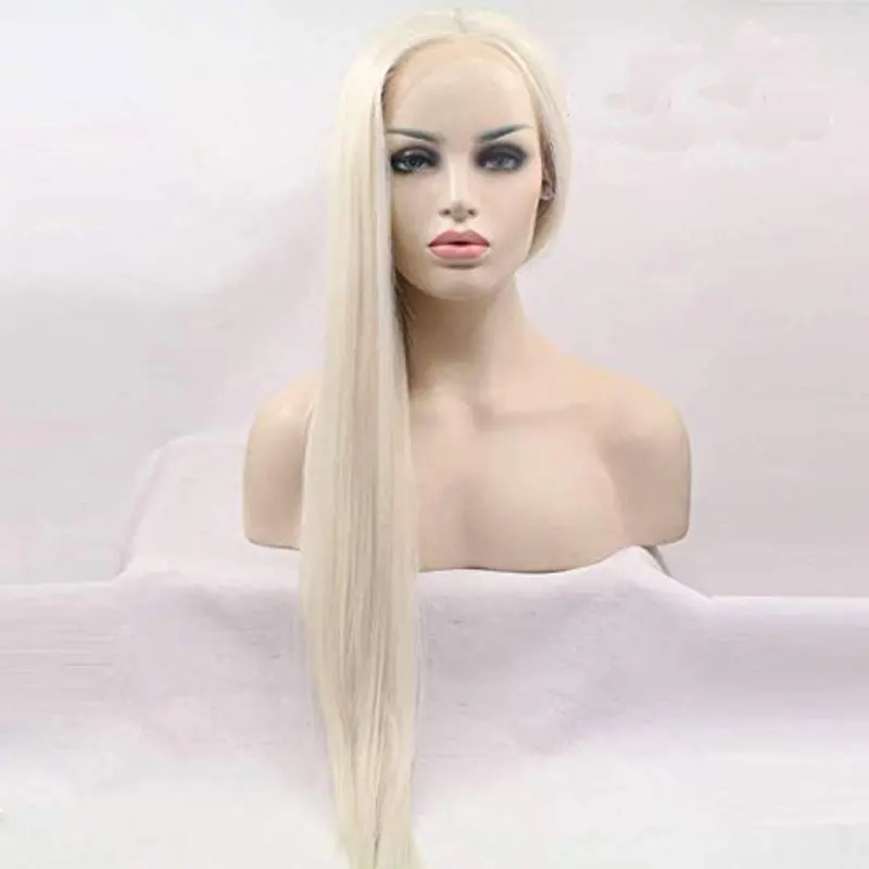 Bombshell, белый, прямой, ручная вязка, синтетический, 13*3 дюйма, парик на кружеве, без клея, термостойкие волокна, волосы средней части для женщин