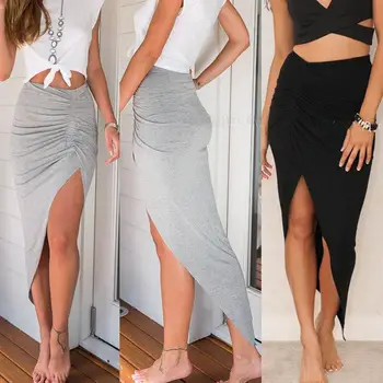 

2020 Women Sexy Elastic Waistband Side Slit Irregular Knitted Bodycon Long Skirt Warm Knitted Skirts Korean Style Women Skirts