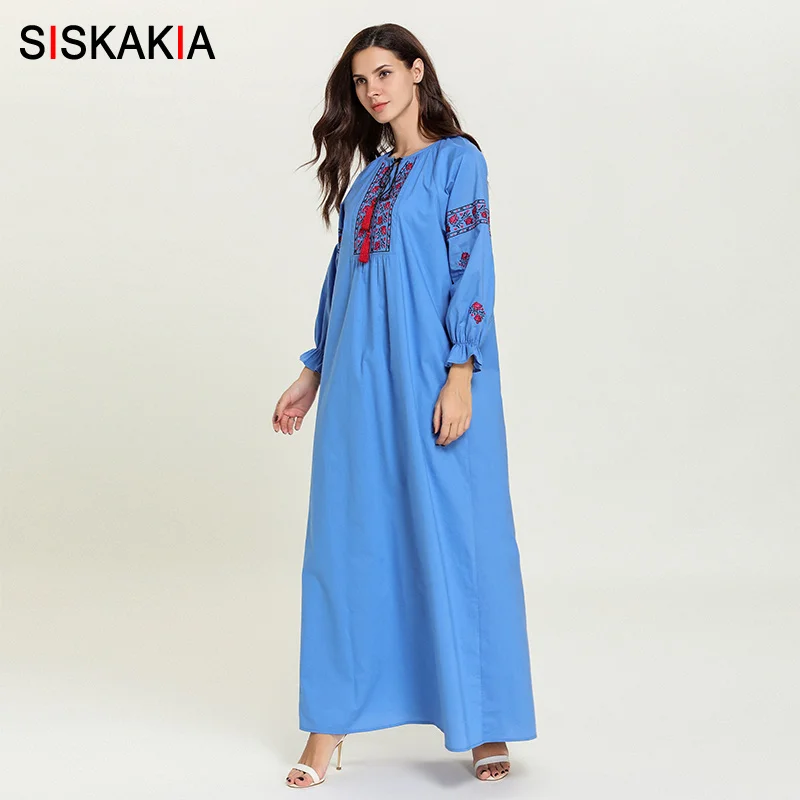 Siskakia/этническое длинное платье с геометрическим узором и цветочной вышивкой синего цвета размера плюс, осенние платья с длинными рукавами, Новое поступление, Арабская одежда