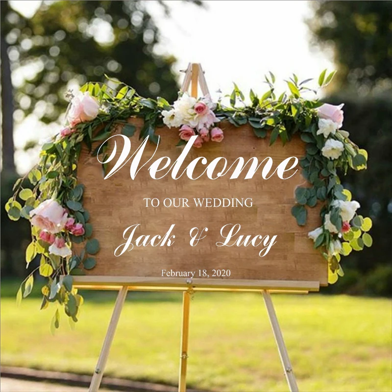 

Modern style wedding decoration decals personalized bride and groom name date customization Sticker Welcome to our wedding H14