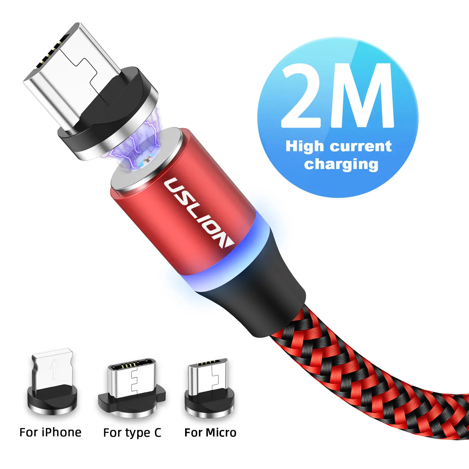 Магнитный USB кабель USLION для быстрой зарядки iPhone 11 Type C Samsung Micro Xiaomi 2 м|Кабели
