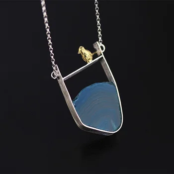 

ACECARE Creative Bird Origional Agate Stone Novelty Necklace 925 Silver for Best Friend Girl Gift Natural Agate Pendant Jewelry