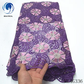

BEAUTIFICAL nigerian lace fabrics 5yards chemical lace embroidery fabric with beads and stones Top sale cord lace fabric ML4G336