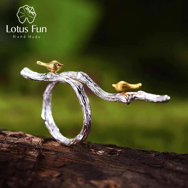 

Lotus Fun 925 Sterling Silver Handmade Bird on Branch Ring 18k Gold Adjustable Luxury Jewelry Valentines Day Gift for Girlfriend