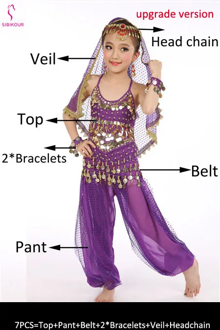 Purple 7pcs 8 цветов детский набор костюма для танца живота Восточные Танцевальные костюмы для девочек Египетский Болливуд индийский танец живота одежда индия - Цвет: Purple 7pcs