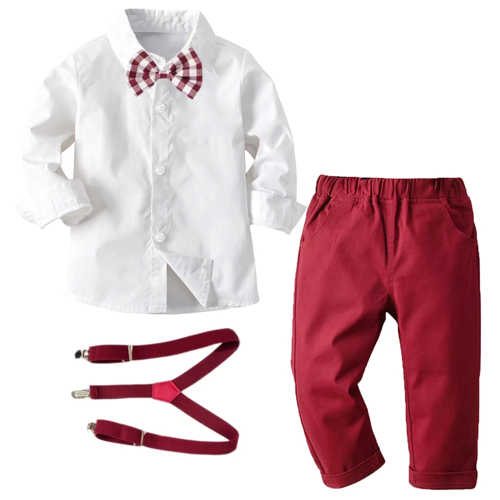 Ropa de primavera y otoño para niños conjunto de traje de camisa blanca Lisa + pantalón rojo + cinturón para niños de 1 a 6 años|set de ropa| - AliExpress