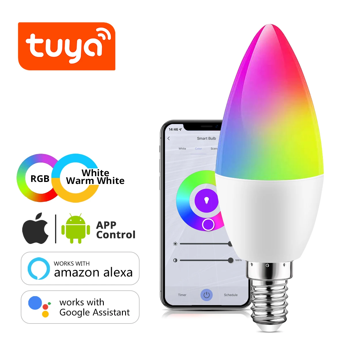 Tuya WiFi Smart Light Bulb E14 LED Lamp RGB+White+Warm White Work with
