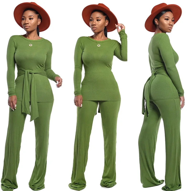 Модный женский костюм для фитнеса, бандаж, длинный рукав, o-образный вырез, набор штанов, Женский комплект из двух частей, Осень-зима, одежда для призвания размера плюс 2 XL - Цвет: green