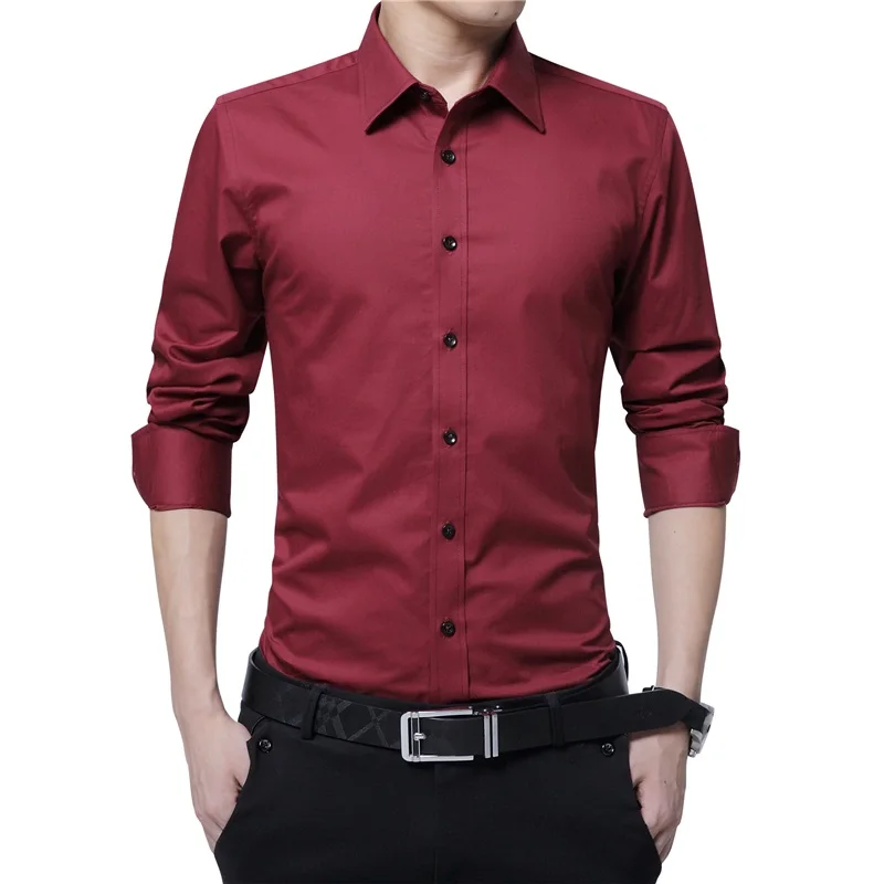 Мужская модельная рубашка модная с длинным рукавом деловая рубашка мужская однотонная на пуговицах с воротником размера плюс белая черная рубашка для работы - Цвет: Красный