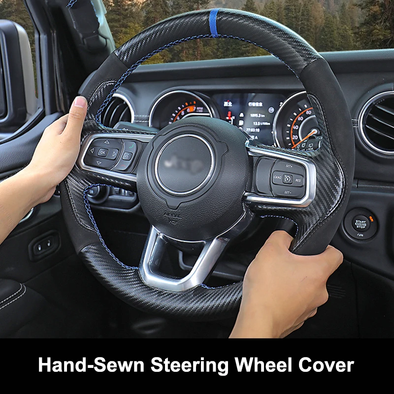Qhcp Car Steering Wheel Cover Hand-stitched Carbon Fiber Style Genuine  Leather Suede Hand Sewing Fits For Jeep Wrangler Jl 18-21 - Steering Covers  - AliExpress