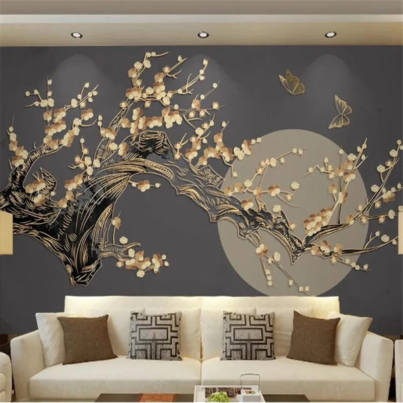 

Milofi размер пользовательский 3D печать обои роспись новый китайский цветок сливы яркая луна Золотая рельефная линия фоновая стена
