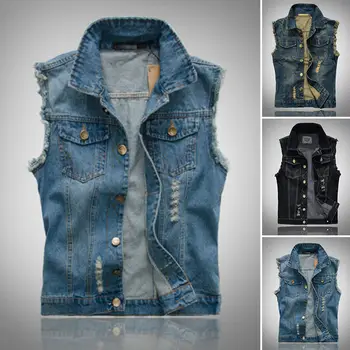 

Mens Denim Vest Jean Coat Causal Jacket Collar Sleeveless Shirt Biker Cool