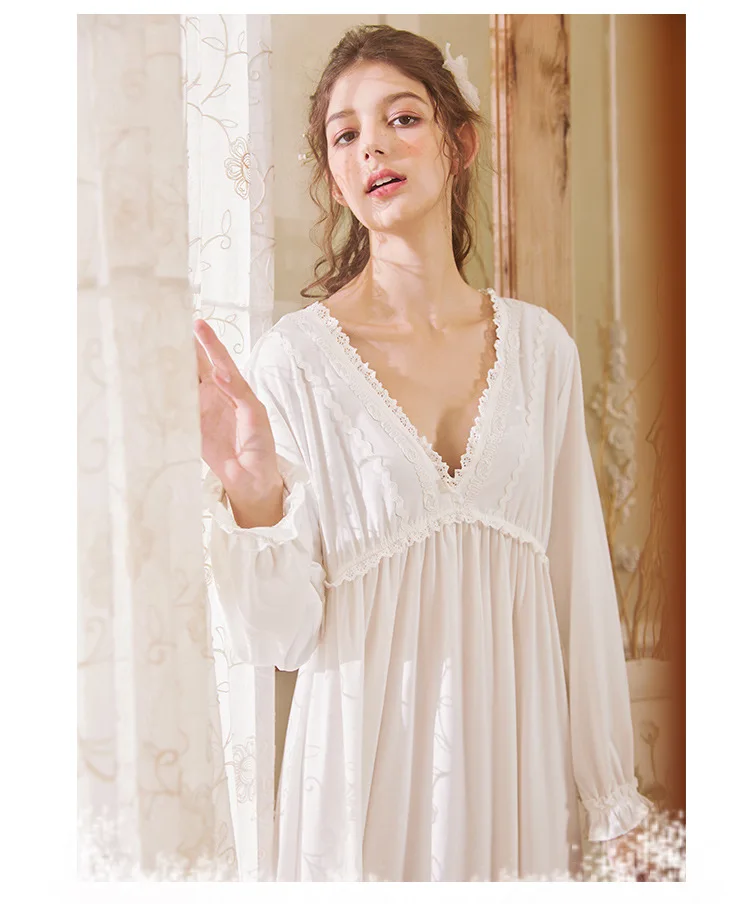 Сексуальная ночная рубашка с v-образным вырезом в викторианском стиле, ночная рубашка в винтажном стиле, ночная рубашка с длинным рукавом, белая ночная рубашка для женщин