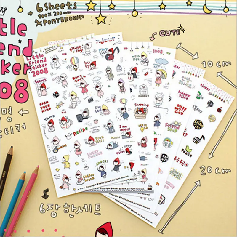 6 sheets/set DIY Korean Cartoon My little friend Paper Sticker for Scrapbooking Diary Kawaii Planner Memo Stationery |