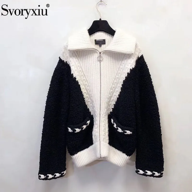 

Svoryxiu Autumn Winter Runway High End Cashmere Turtleneck Sweater Cardigan Women's Long Sleeve Black White Knitting Cardigan