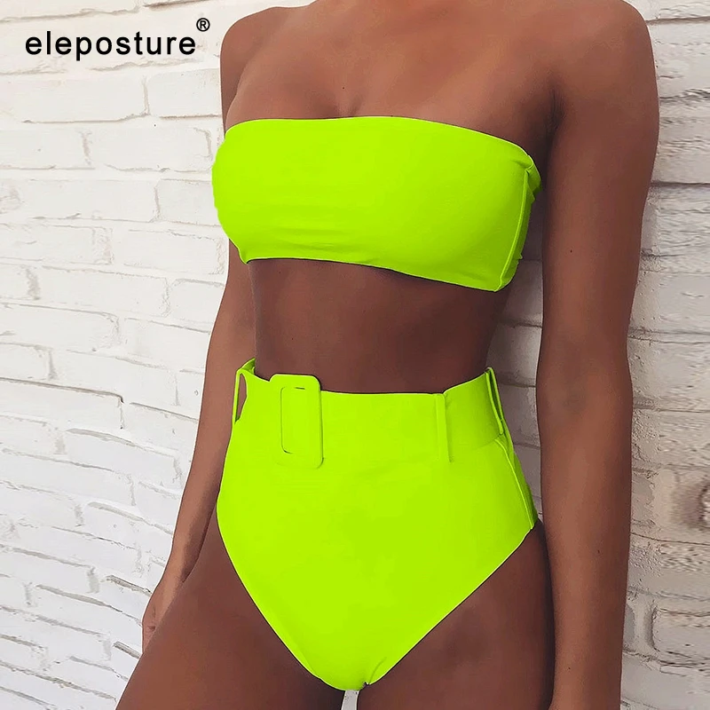 

2019 New Sexy Solid High Waist Bandeau Bikini Set Swimwear Women Two Pieces Swimsuit Female Belt Bikinis Bathing Suit Beachwear