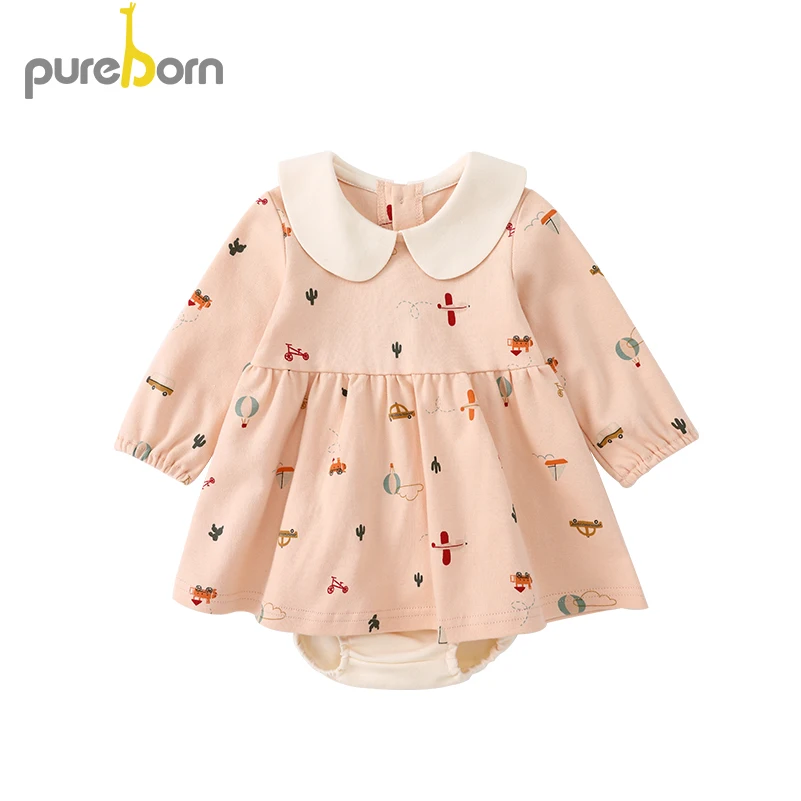 Pureborn Baby Girls Dress+Underpants 2pcs Peterpan Collar Long Sleeve Princess Party Dress Cotton Cartoon Suits Newborn Costume
