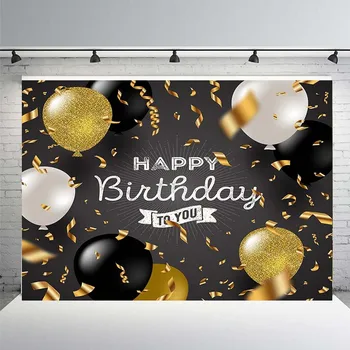 

Photography Background Studio Custom Happy Birthday Black Glitter Ribbons Gold Balloons Background Children's Party Photo