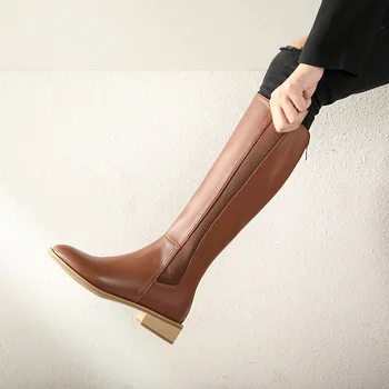 

New Style Genuine Leather Slimming Boots Women's round-Toe Chunky Heel Knee-High Boots Zipper Thigh Boot