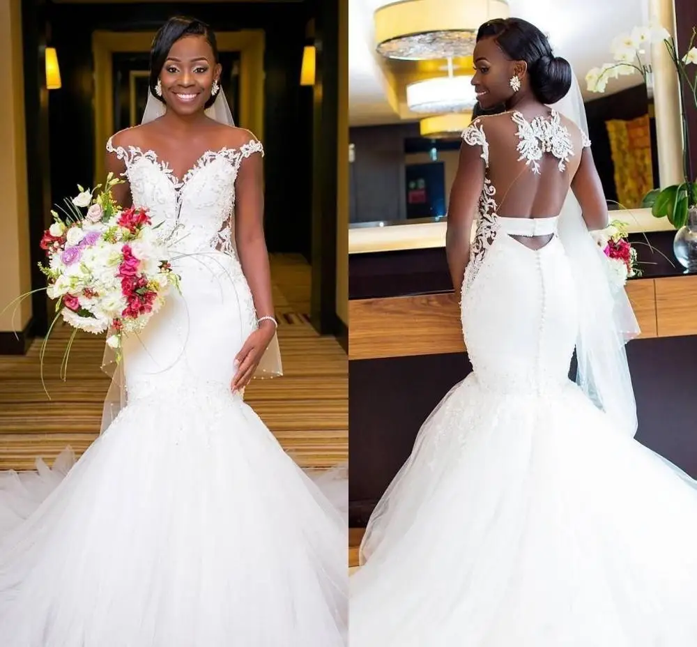 

New Arrival African Mermaid Wedding Dresses 2020 Illusion Backless Applique Lace Court Train Bridal Dress Wedding Gowns