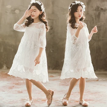 

Korean Lace White Princess Dress for Toddler Girls Three Quarter Sleeve Baby Summer Clothes Fashion Children Beautiful Costume