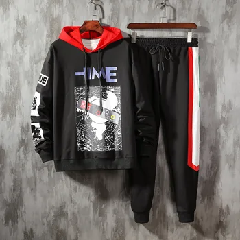 

2020 New Men Fashion Long Sleeve With Hood Pullover Hoodie Print Cotton Fiber Leisure Man Hooded + Sweatpants Suit Man Clothes