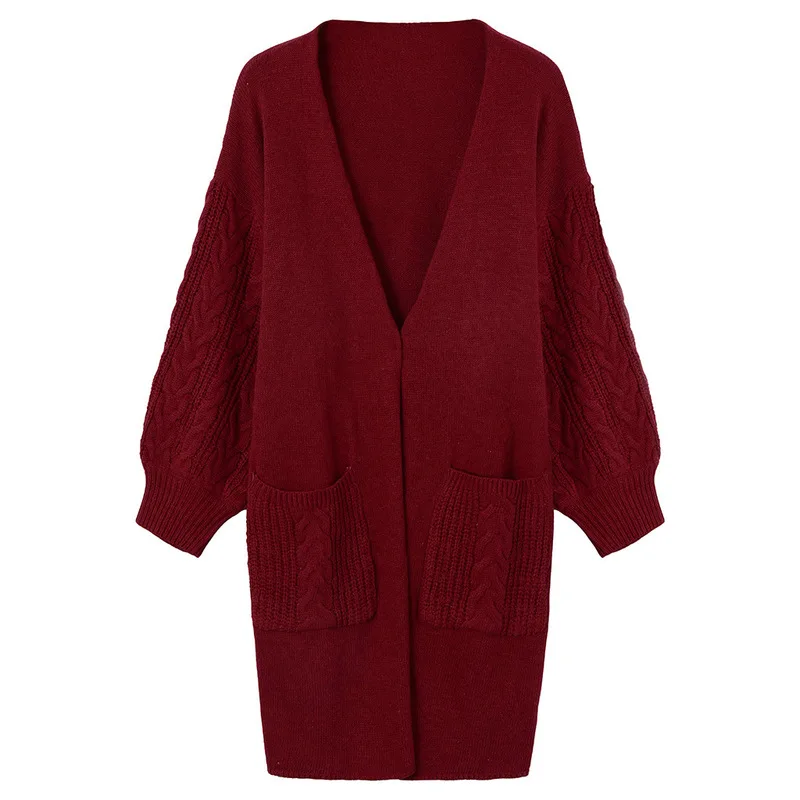 

2019 autumn and winter women's sweater cardigan solid color long sweater cardigan lantern sleeves twisted knit cardigan sweater