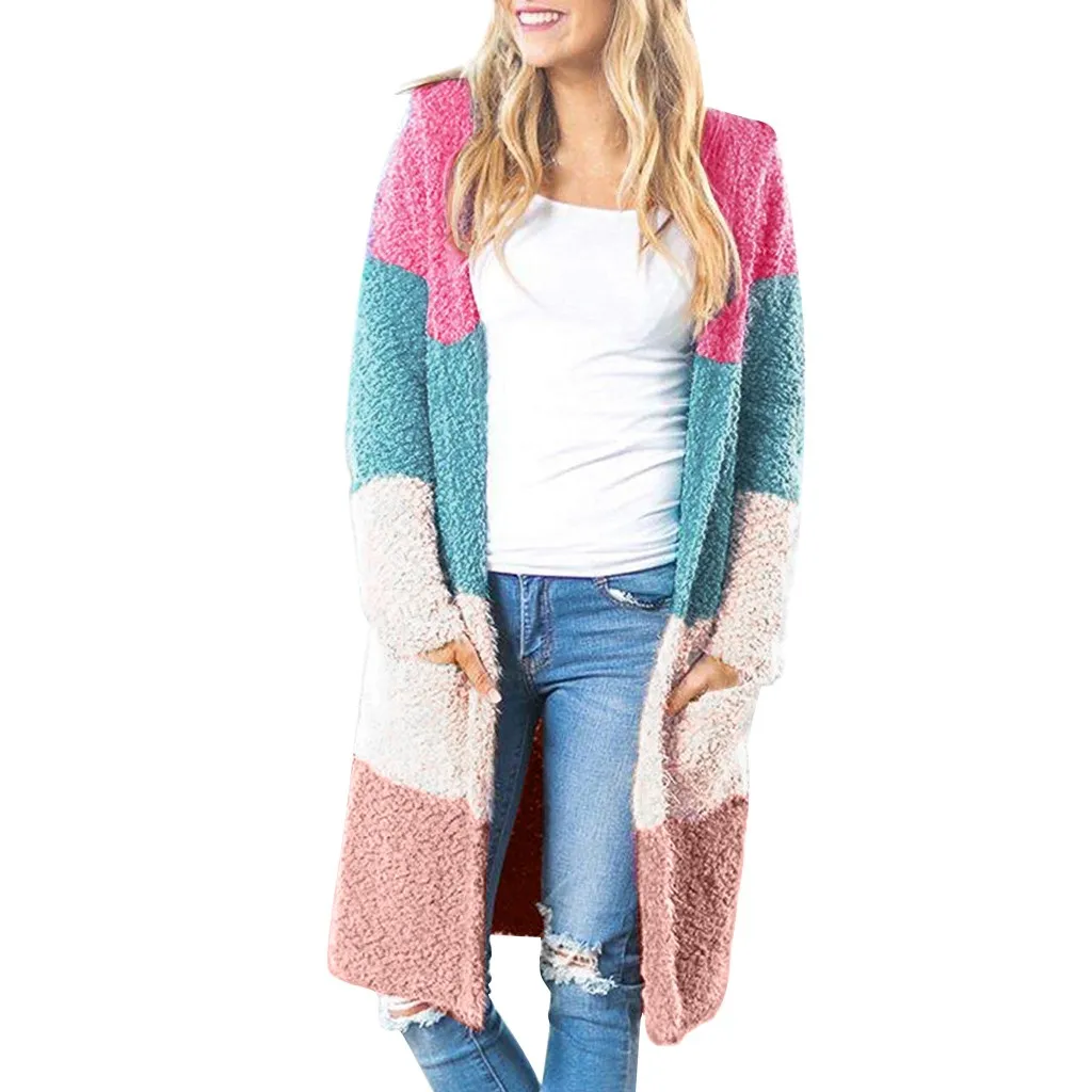 Jaycosin Fashion Autmn Winter Women Casual Splice Knitted Cardigan Sweater Long Sleeve Comfortable Soft Leisure Pullover 21#4