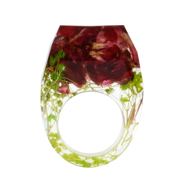 Transparent Forest Handmade Dried Flower Resin Ring Colorful Ink Pattern Scenery for Women Fashion Jewelry Ring