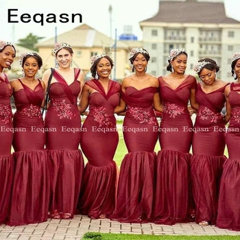 

African Dark Red Plus Size Mermaid Bridesmaid Dresses Lace Applique Women Maid Of Honor Dress Wedding Guest Plus Size 2020