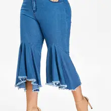 Винтажные синие расклешенные джинсы с оборками и средней талией женские офисные женские брюки до щиколотки минималистичные Летние повседневные однотонные брюки