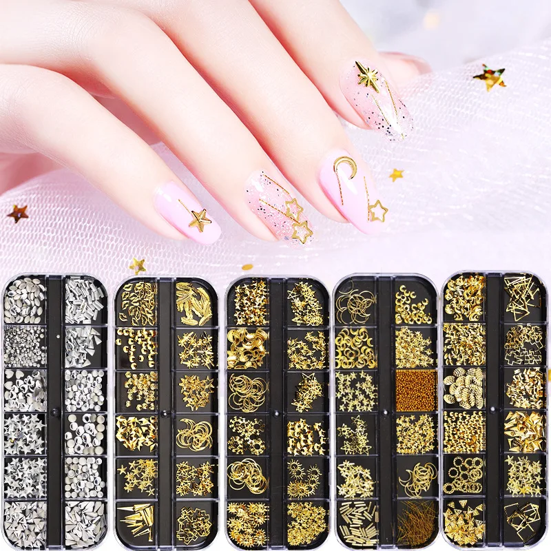 

12 grid boxed alloy diamond pearl star moon rivet sequins nail art multi-shape jewelry accessories