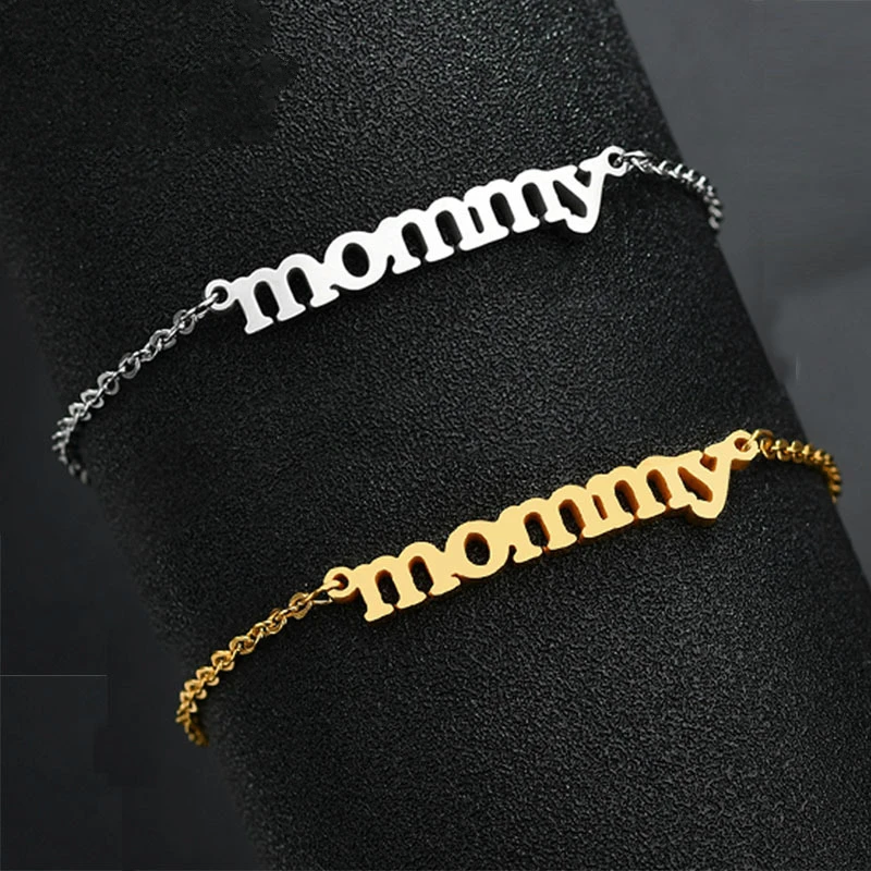 

Customize Joker Mommy Letter Bracelet Jewelry Women Stainless Steel Curved Brand Double Color Mother Custom Gift Dropship