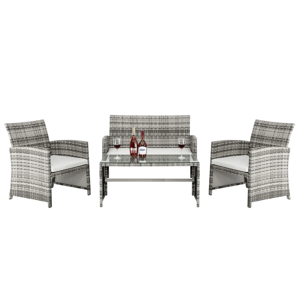

4PCS Outdoor Rattan Wicker Conversation Furniture Set,All Weather Coffee Table Rattan Garden Sofa Set Sectional Couch,Long Seat