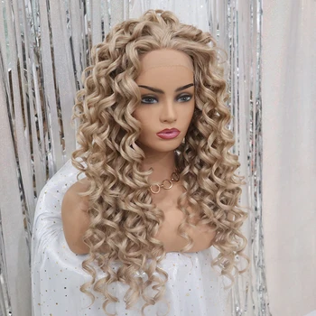 

ALAN EATON Long Curly Heat Resistant Hair Light Brown Synthetic Lace Front Wigs Daily Party Cosplay Wigs for Black Women Afro