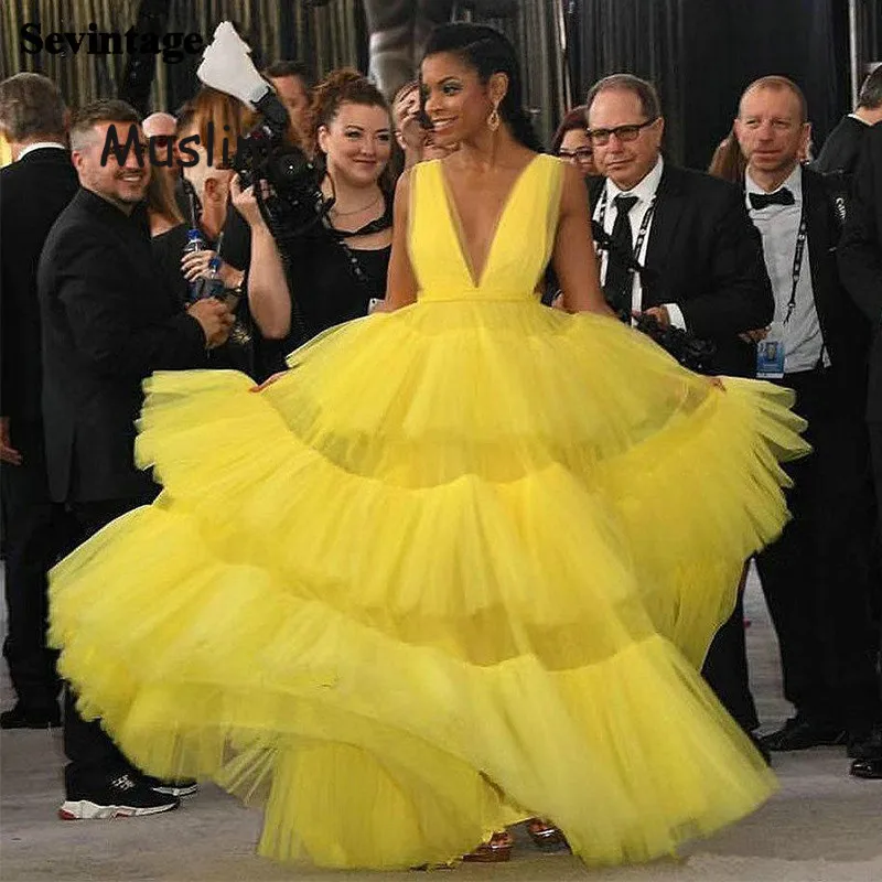 Sexy Yellow African Celebrity Dresses A Line Deep V Neck Tulle Backless Formal Evening Dress 2021 Long Fashion Black Girls Prom | Свадьбы и
