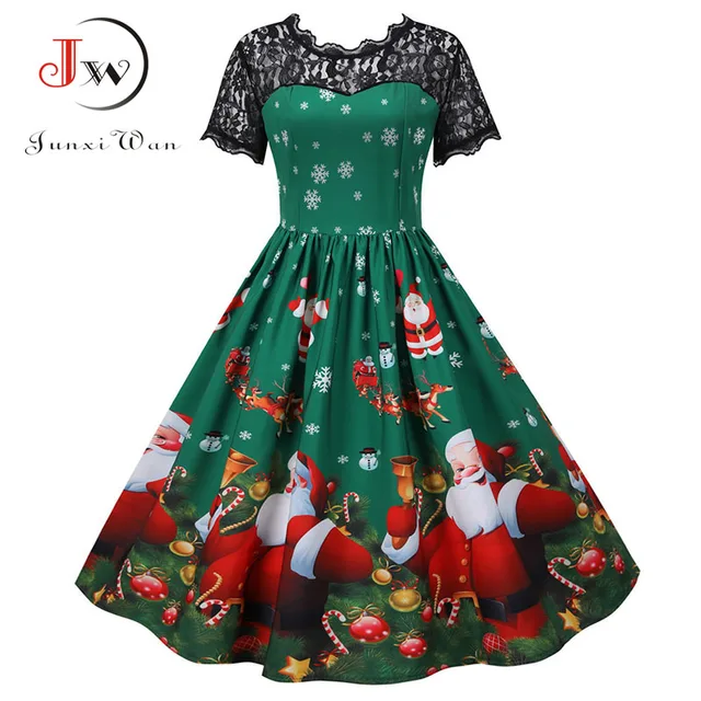 2022 Women's Christmas Dress Short Sleeve Lace Santa Claus Print High Waist Elegant Vintage Winter Xmas Party Clothes Plus Size 4
