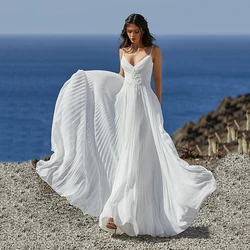 New Boho Flowers Long Wedding Dresses Spaghetti Straps Backless Chiffon Beach Bridal Gowns Vestido De Noiva Mariage