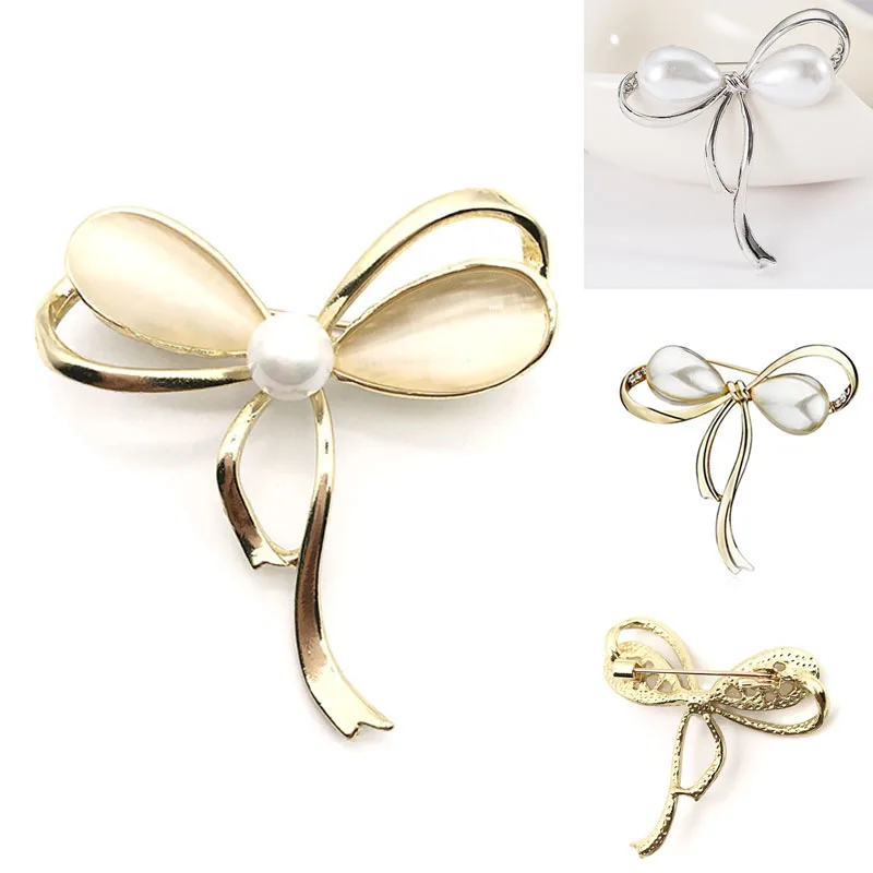 

Fashion Bow Brooches Imitation Pearl Simple Bowknot Clip Pin for Women Dress Shawl B003